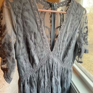 Pink blush maternity floor length dusty blue lace dress